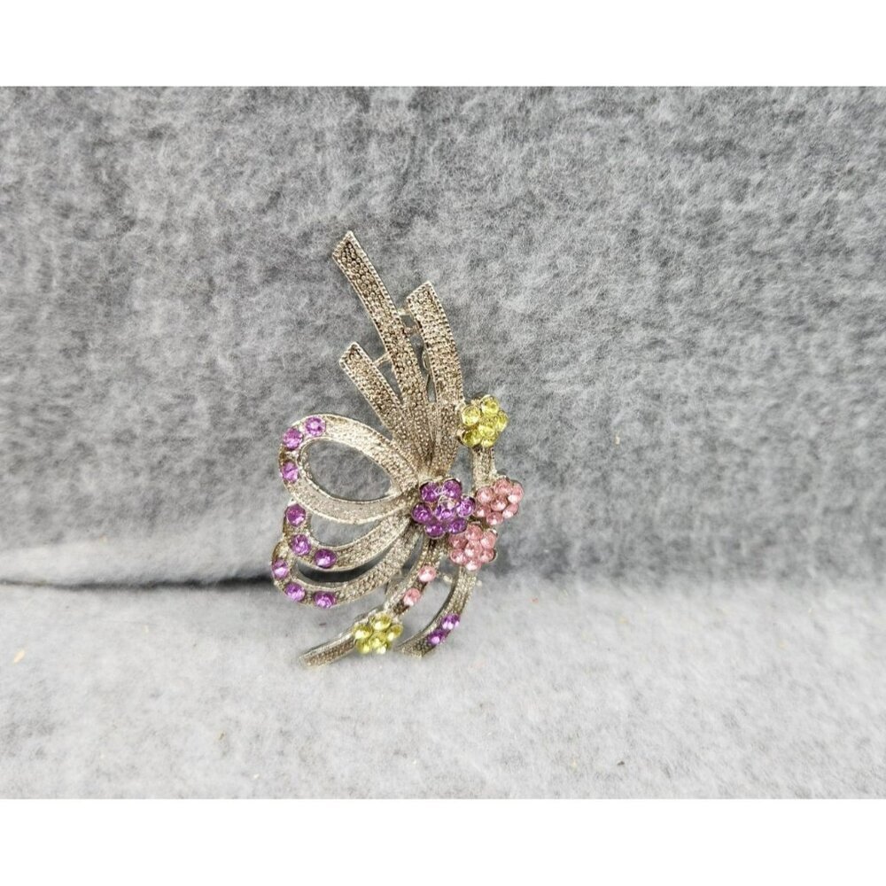 Vintage Rhinestone Floral Brooch Pin With Pink & Yellow‎ Flowers